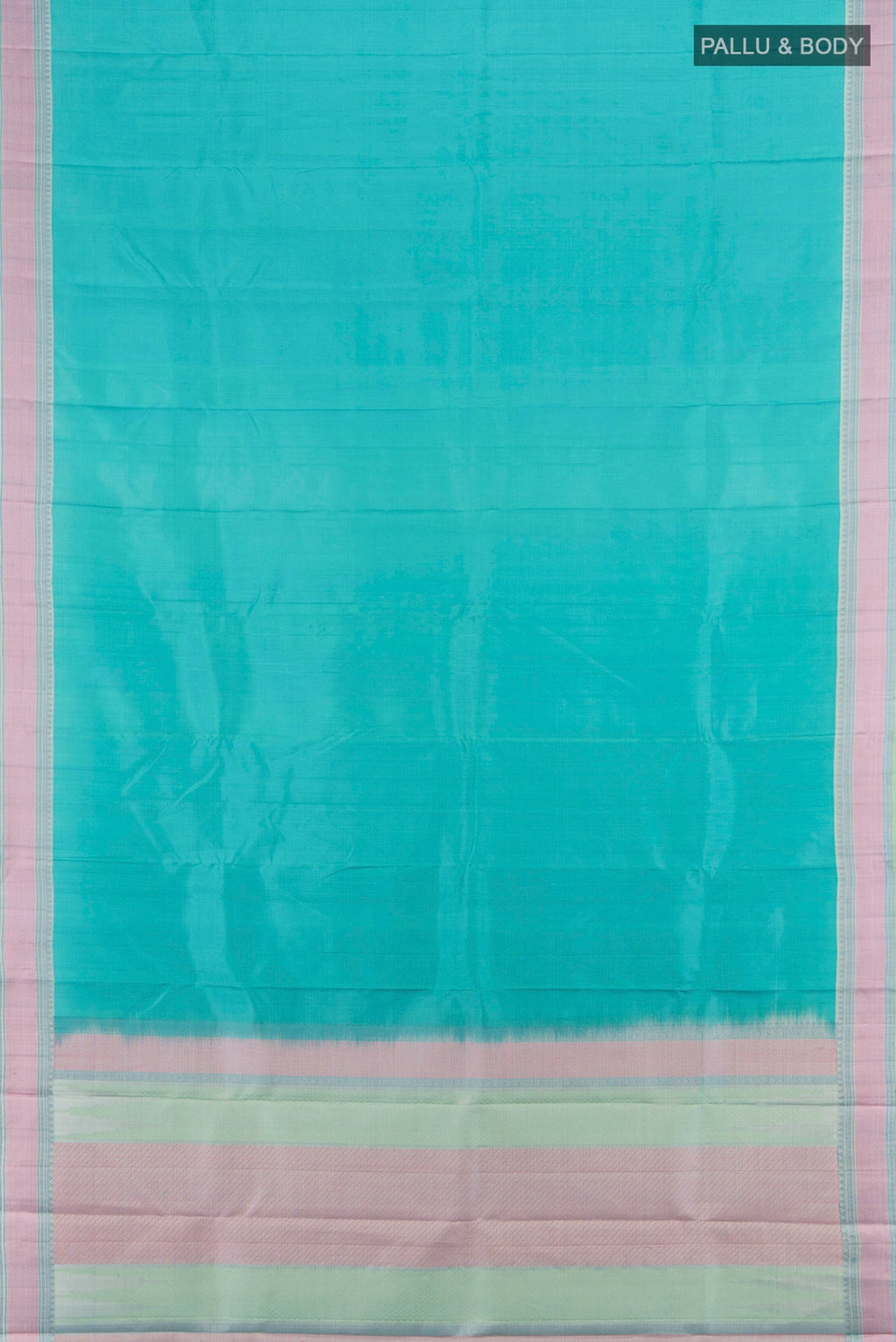 Flat view of Sky Blue Kanchipuram Silk Saree with Plain Body and Thread Border. 