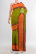 Green Kanchipuram Silk Saree with Plain Body and Thread Border.  displayed on a mannequin