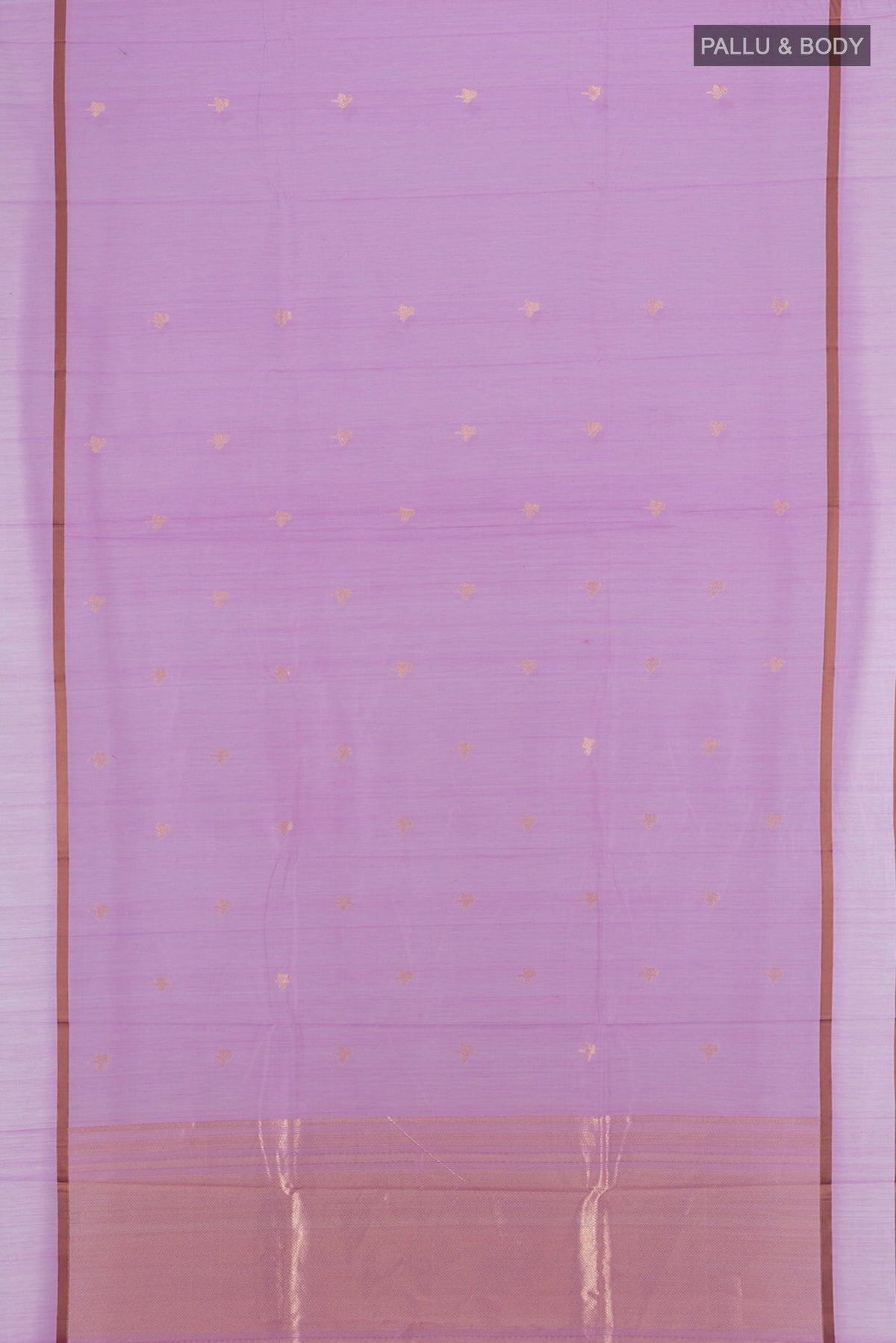 Flat view of Lavender Banarasi Kora Cotton Saree with Zari Butta on the body and Plain Border. 