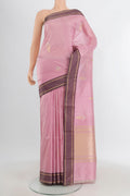 Rose pink Banarasi Katan Silk Saree with Zari Butta on the body and Plain Border.  displayed on a mannequin