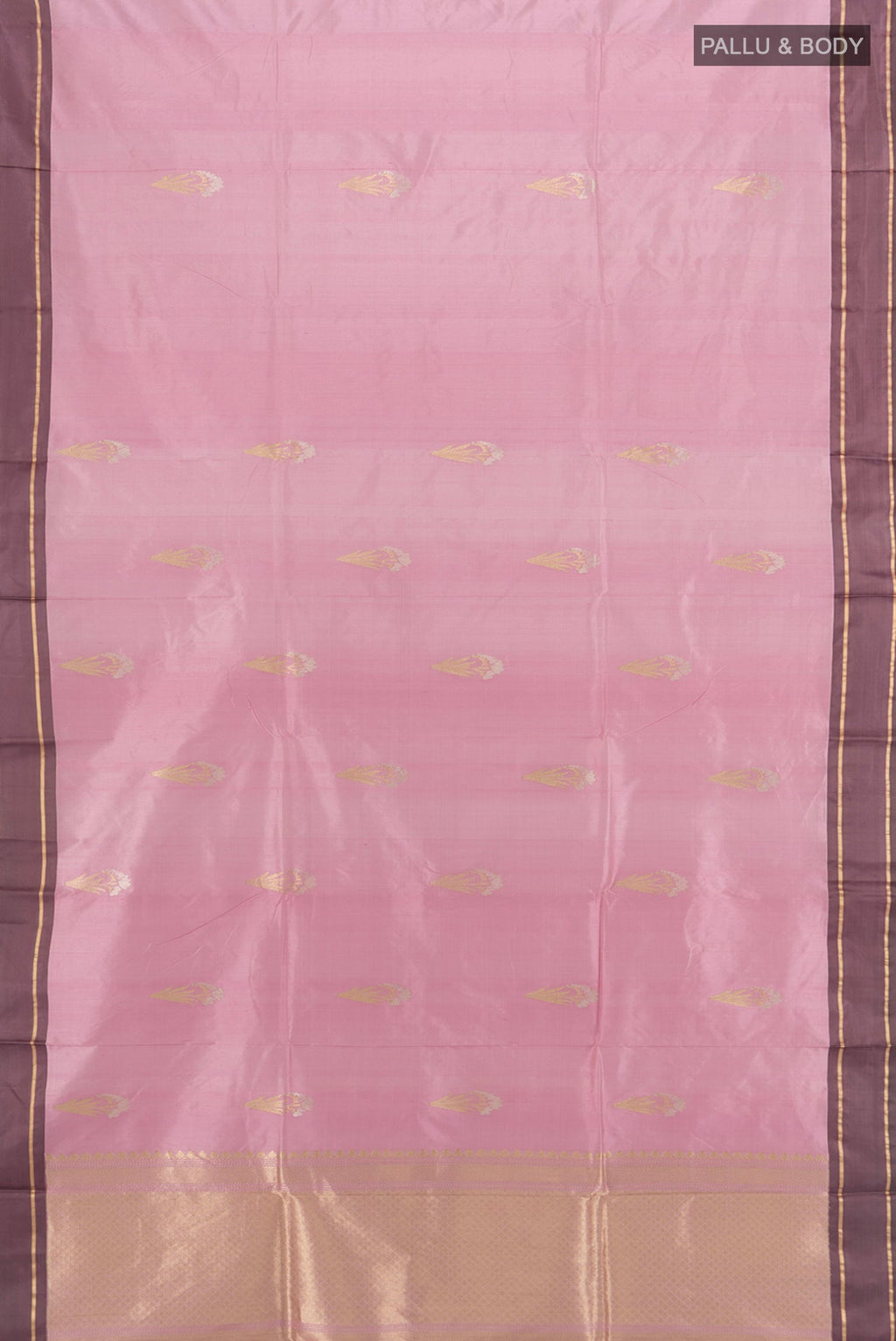 Flat view of Rose pink Banarasi Katan Silk Saree with Zari Butta on the body and Plain Border. 