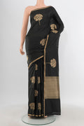 Black Banarasi Katan Silk Saree with Zari Butta on the body and Zari Border.  displayed on a mannequin