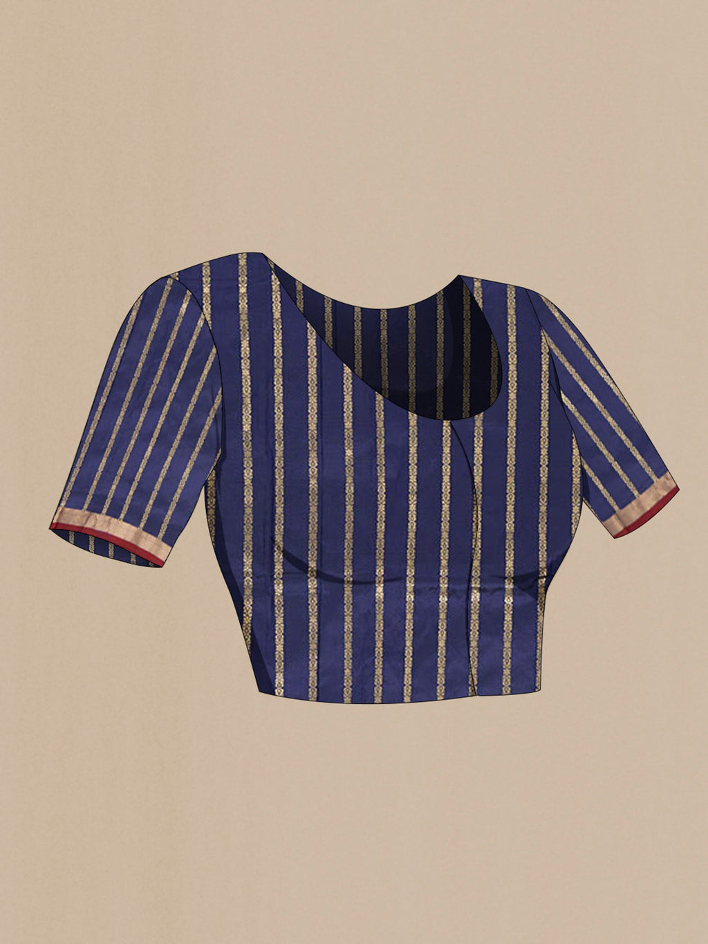 Close up image of the blouse of Navy Blue Banarasi Katan Silk Saree with Zari Butta on the body and Zari Border. 