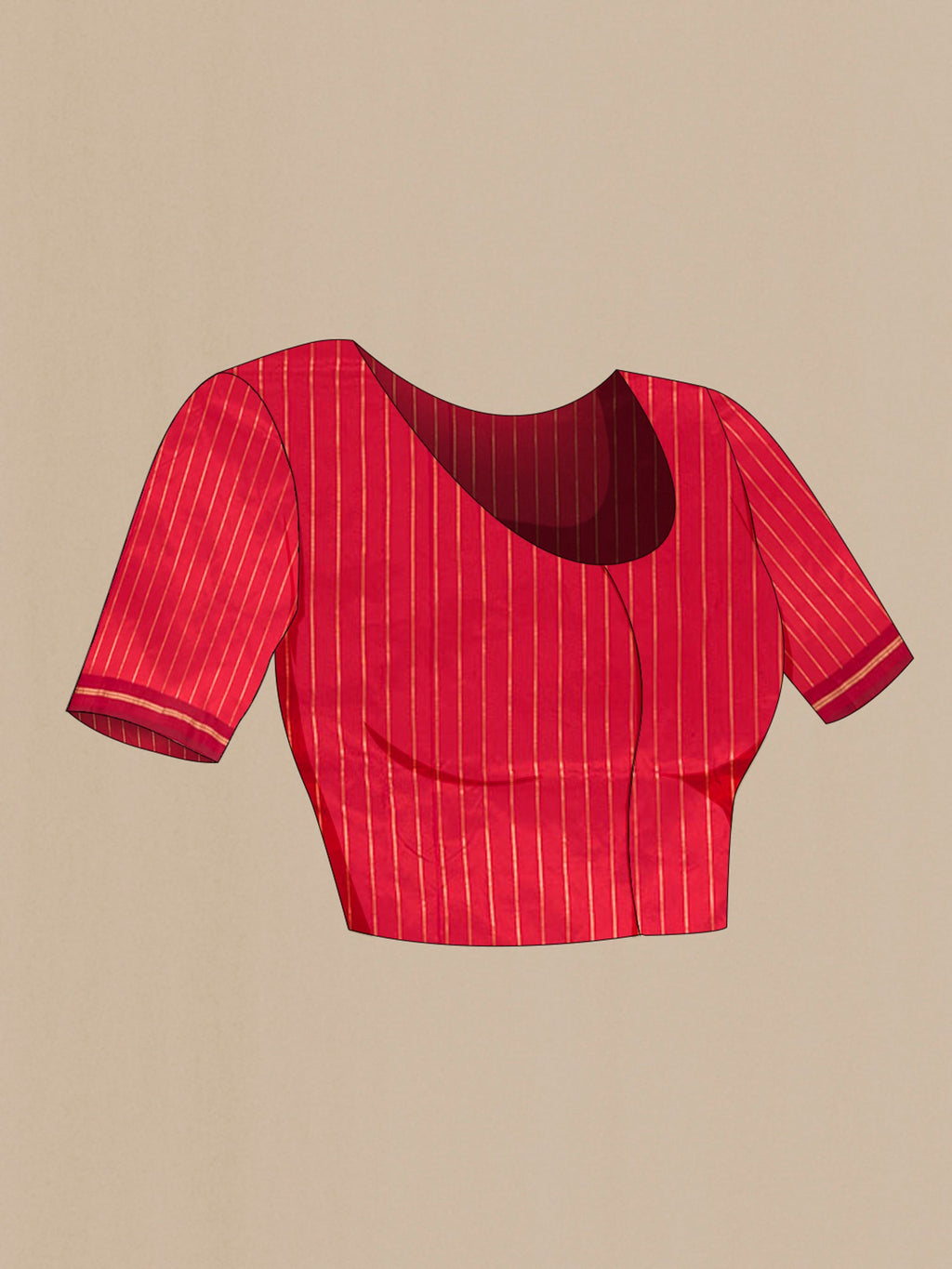 Close up image of the blouse of Red Banarasi Katan Silk Saree with Zari Butta on the body and Thin Zari Line. 