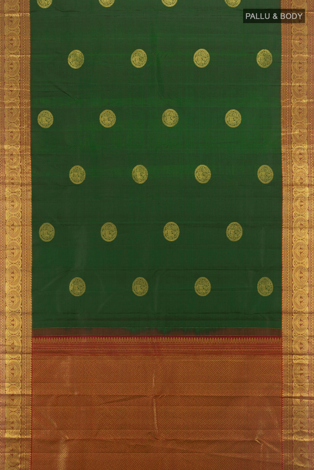 Flat view of Bottle Green Kanchipuram Silk Saree with Zari Butta on the body and Zari Border. 