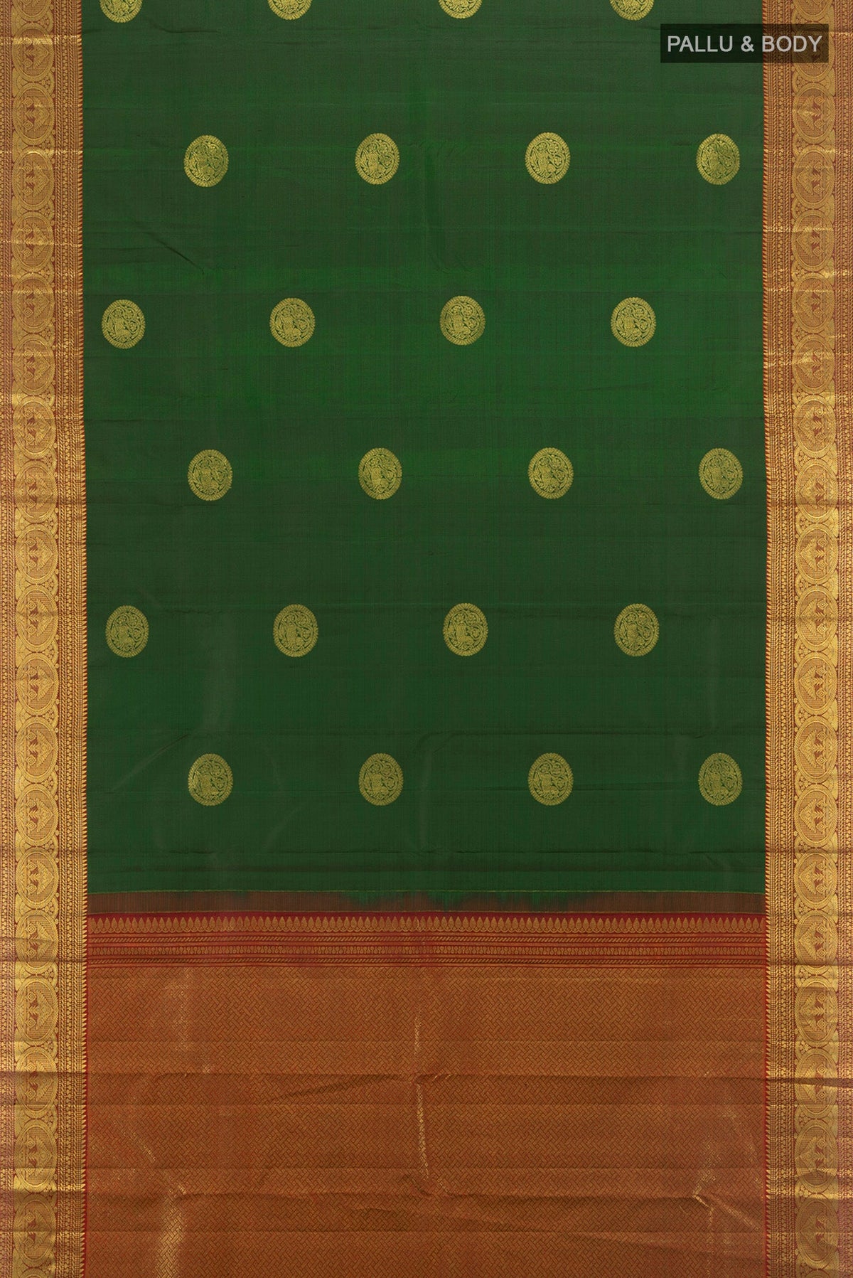 Flat view of Bottle Green Kanchipuram Silk Saree with Zari Butta on the body and Zari Border. 