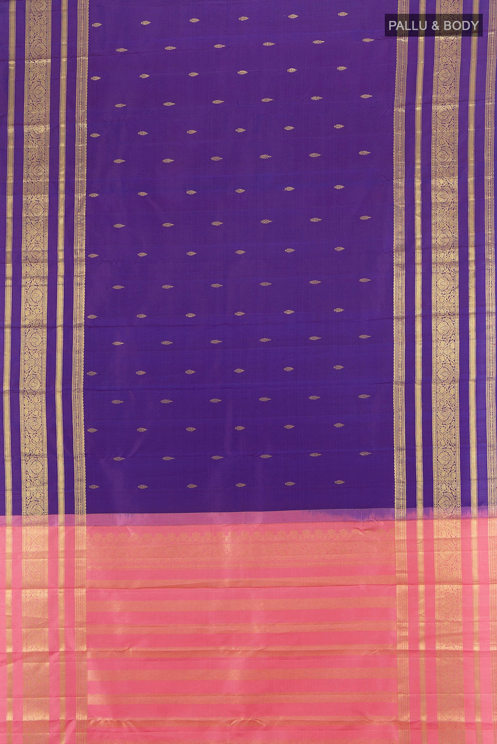 Flat view of Violet Kanchipuram Silk Saree with Zari Butta on the body and Zari Border. 
