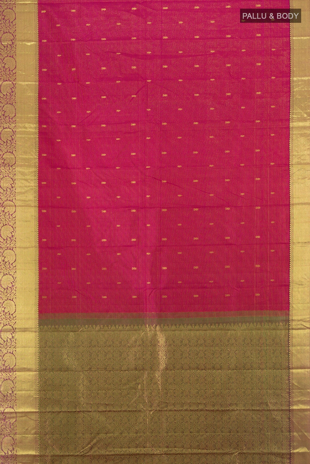 Flat view of Pink Kanchipuram Silk Saree with Zari Butta on the body and Zari Border. 