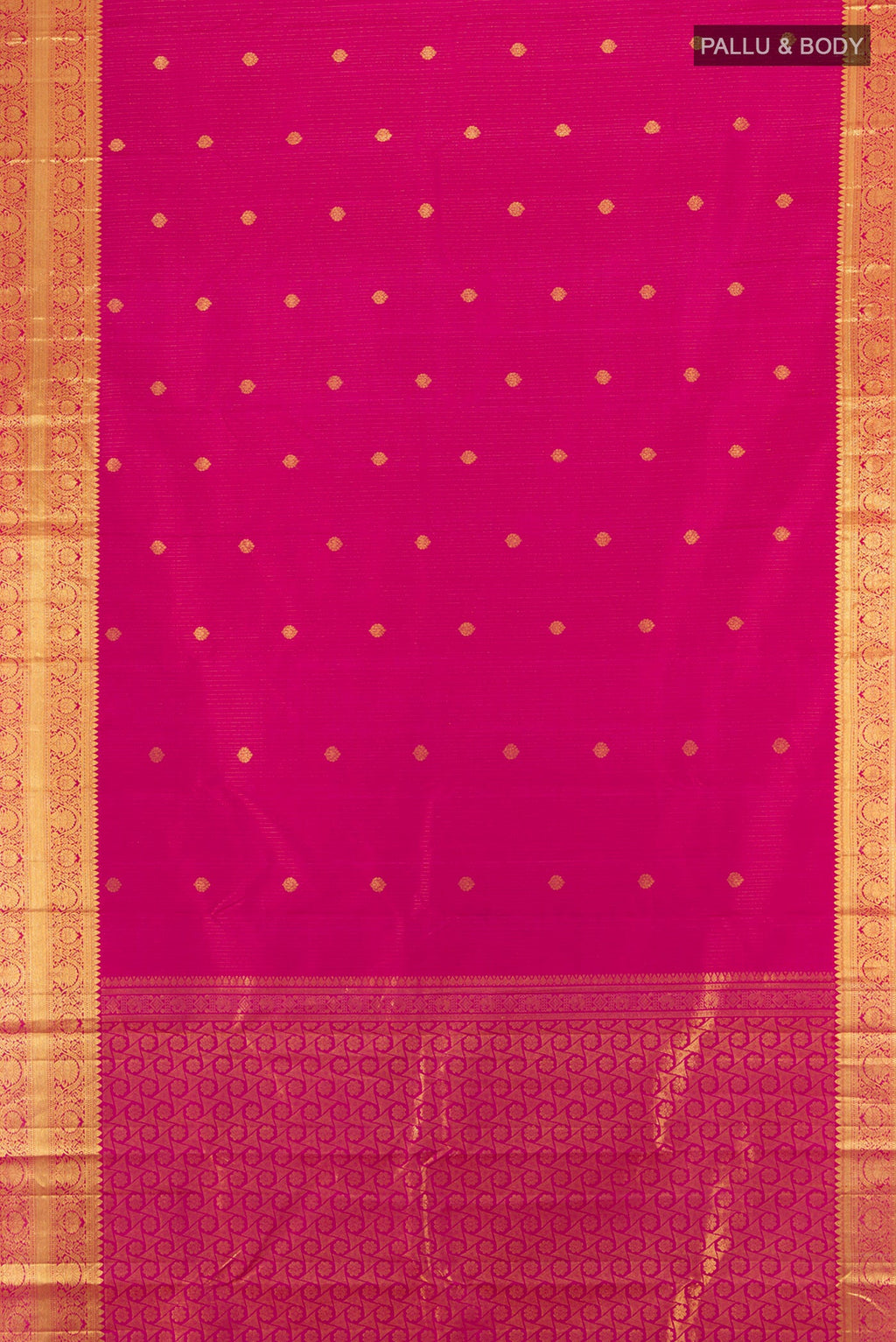 Flat view of Dark Pink Kanchipuram Silk Saree with Zari Butta on the body and Zari Border. 