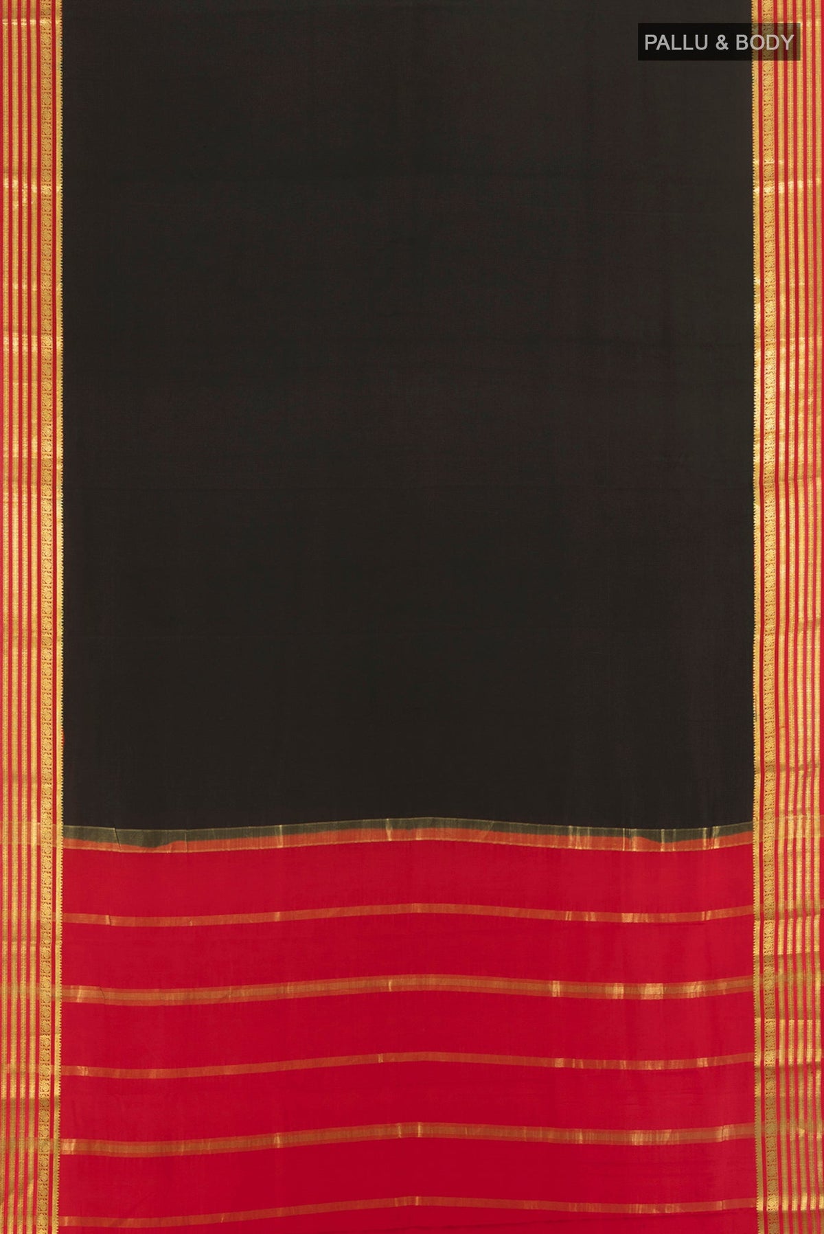 Flat view of Black Mysore Crepe Saree with Plain Body and Zari Border. 