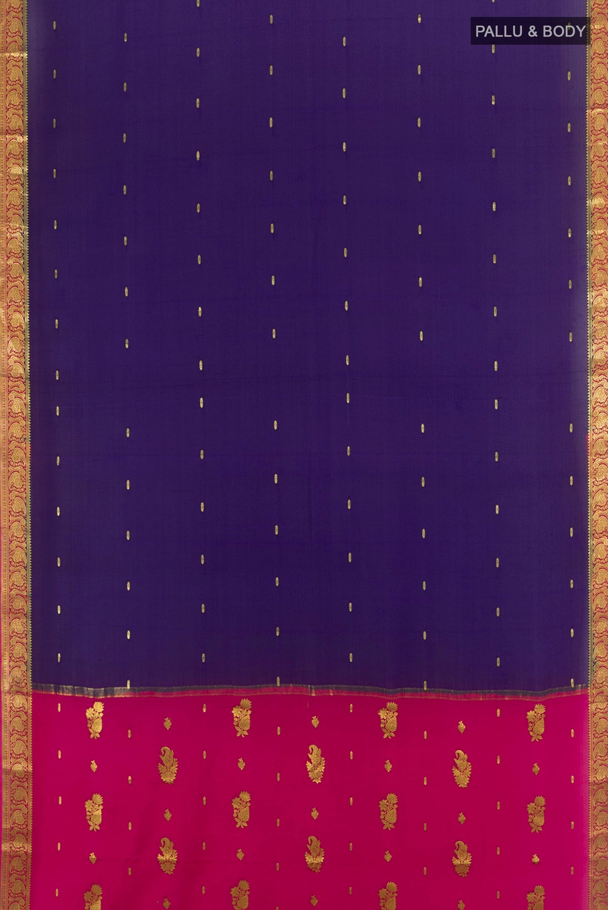 Flat view of Navy Blue Mysore Crepe Saree with Zari Butta on the body and Zari Border. 