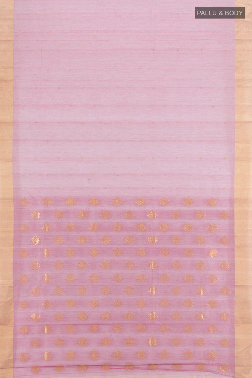 Flat view of Lavender Chanderi Silk Cotton Saree with Zari Butta on the body and Zari Border. 