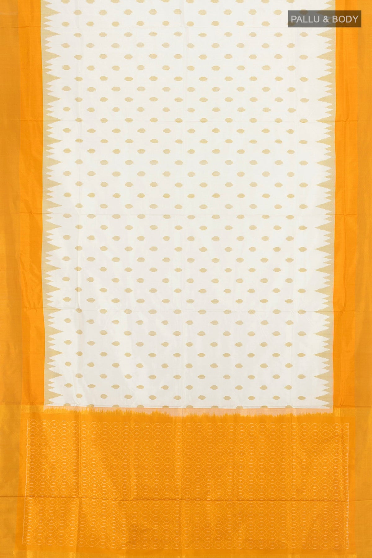Flat view of Off White Pochampally Silk Saree with Pure Ikat on the body and Zari Border. 