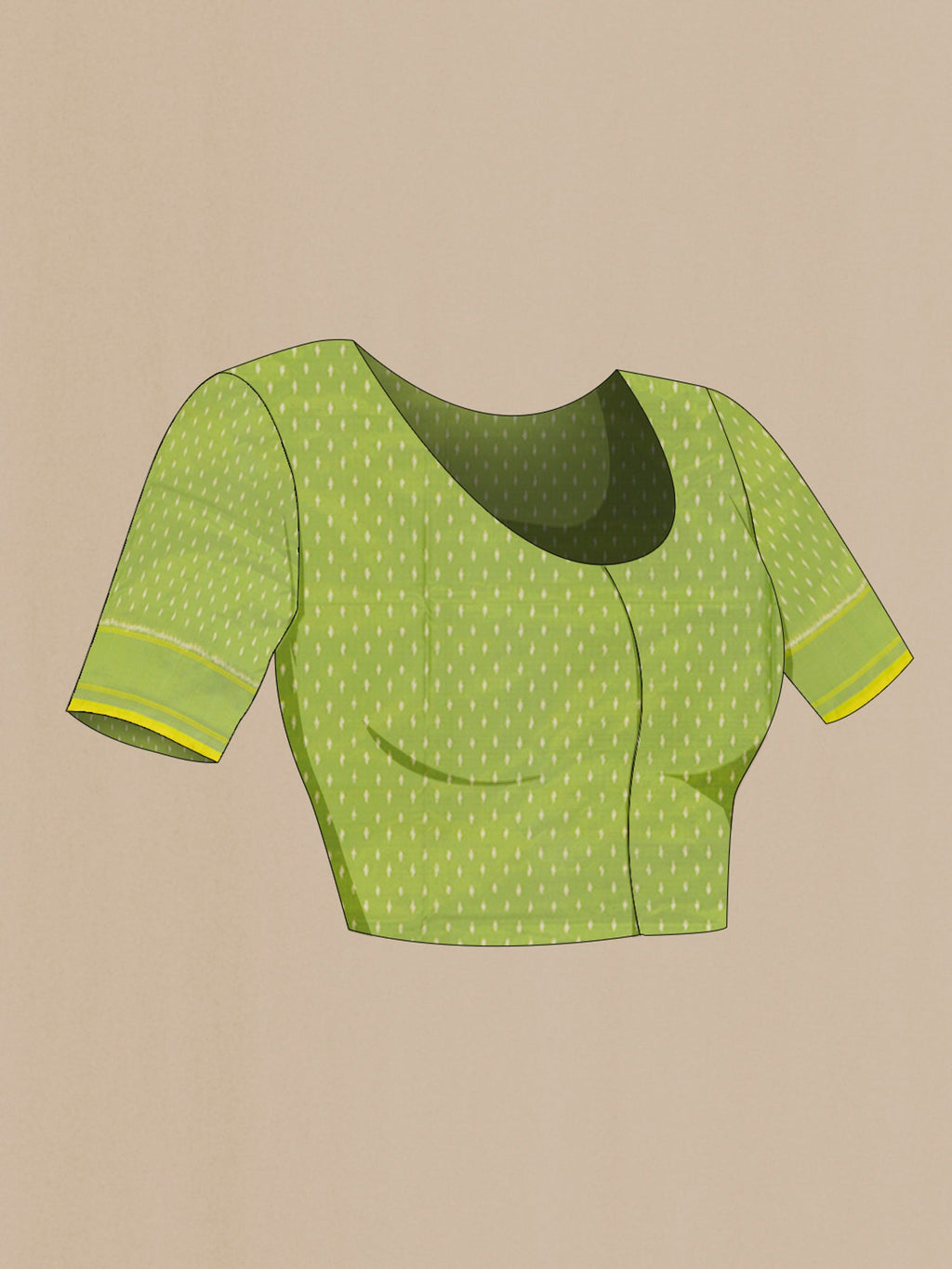 Close up image of the blouse of Light Green Pochampally Silk Saree with Ikat design on the body and Plain Border. 