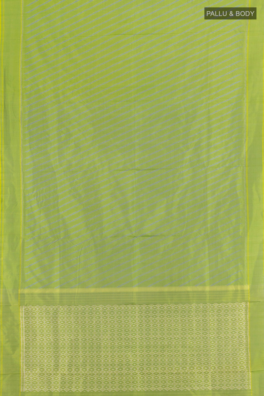 Flat view of Light Green Pochampally Silk Saree with Ikat design on the body and Plain Border. 