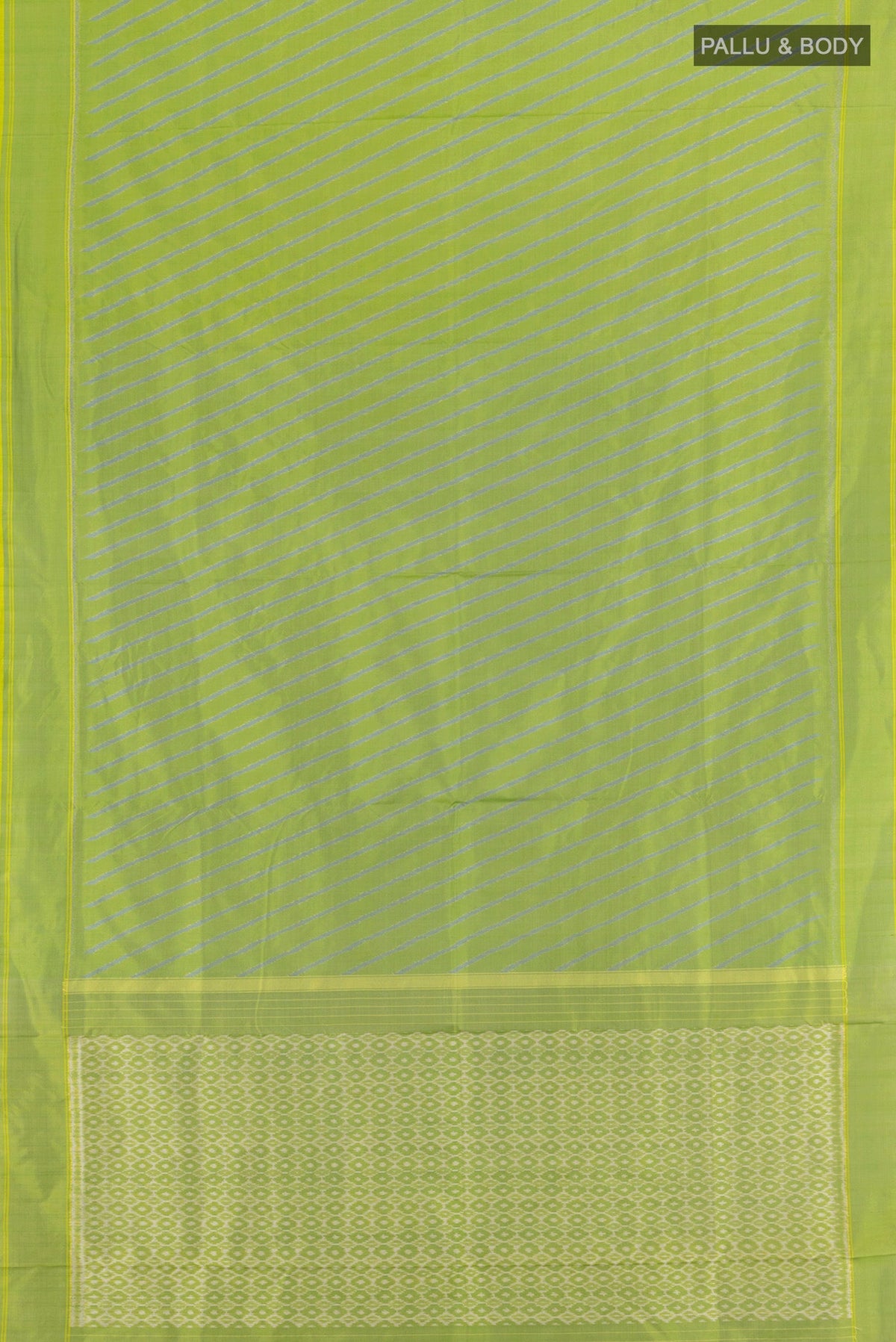 Flat view of Light Green Pochampally Silk Saree with Ikat design on the body and Plain Border. 