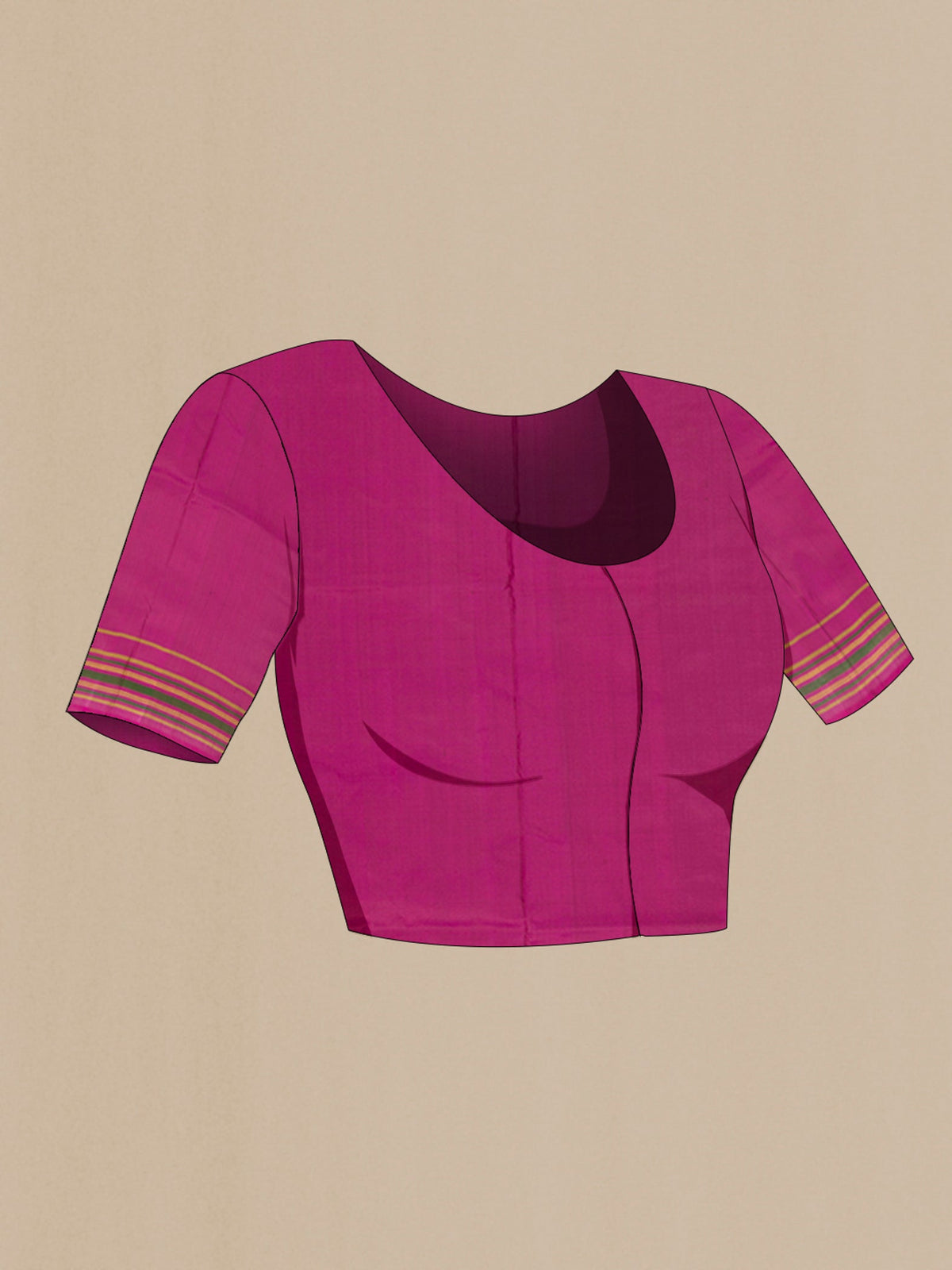 Close up image of the blouse of Magenta Pochampally Silk Saree with Ikat design on the body and Plain Border. 