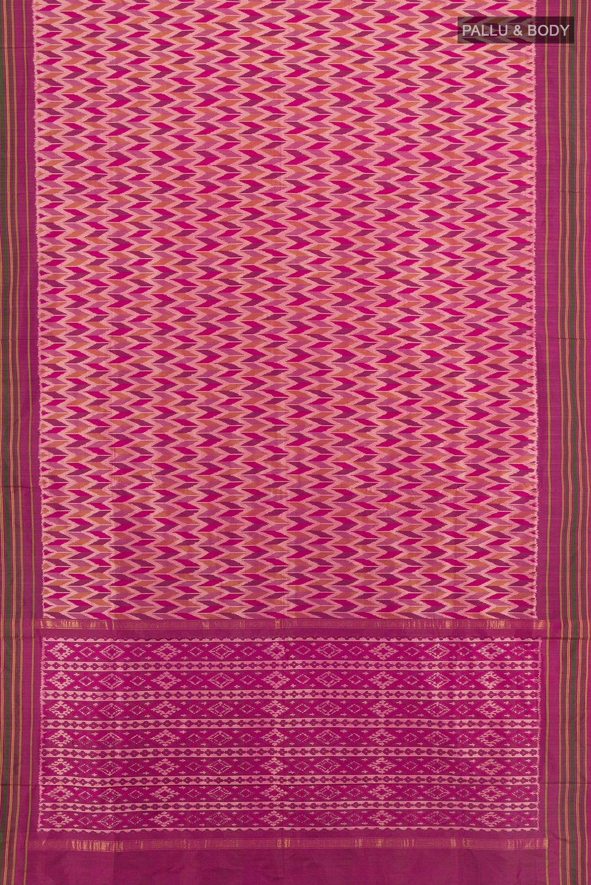 Flat view of Magenta Pochampally Silk Saree with Ikat design on the body and Plain Border. 