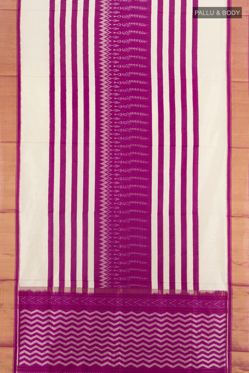 Flat view of White Pochampally Silk Saree with Ikat design on the body and Zari Border. 