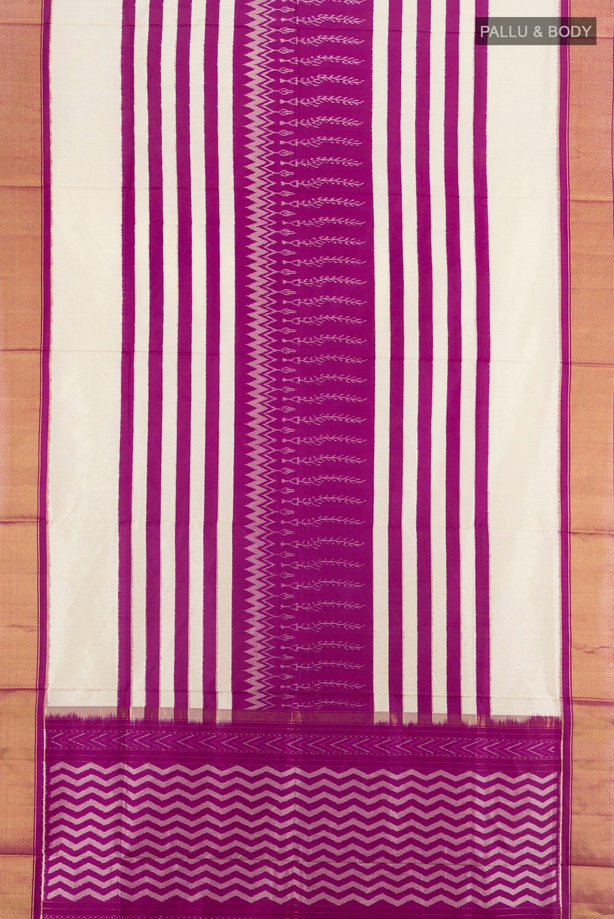 Flat view of White Pochampally Silk Saree with Ikat design on the body and Zari Border. 