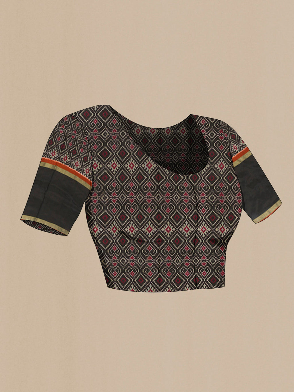 Close up image of the blouse of Red Pochampally Silk Saree with Ikat design on the body and Ikat Border. 