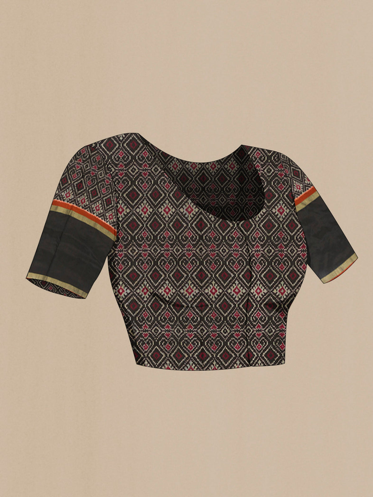 Close up image of the blouse of Red Pochampally Silk Saree with Ikat design on the body and Ikat Border. 