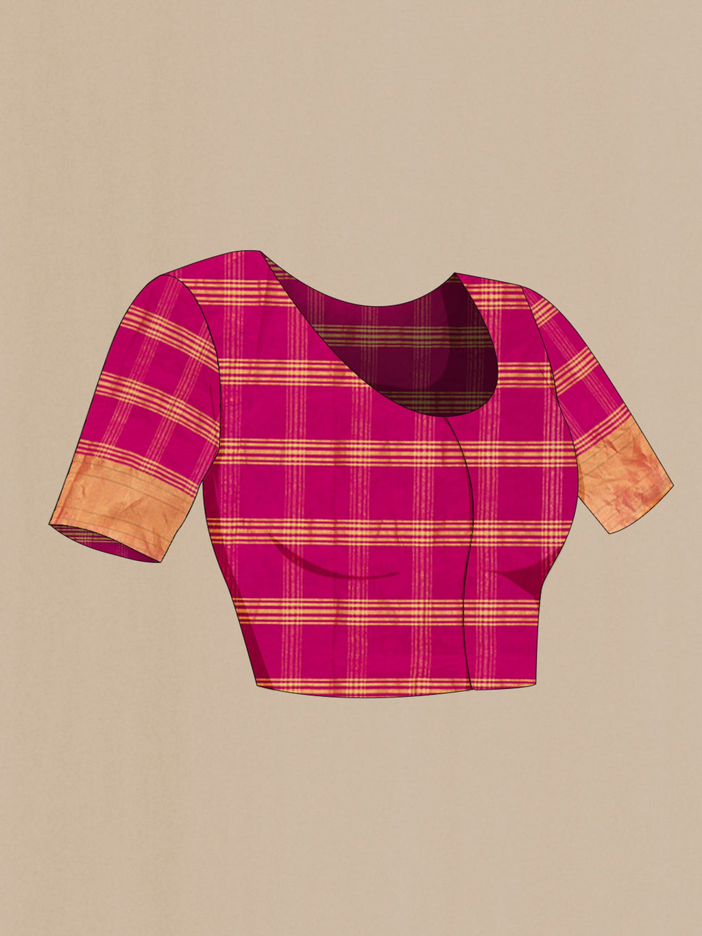 Close up image of the blouse of Magenta Pochampally Silk Saree with Checked design on the body and Zari Border. 