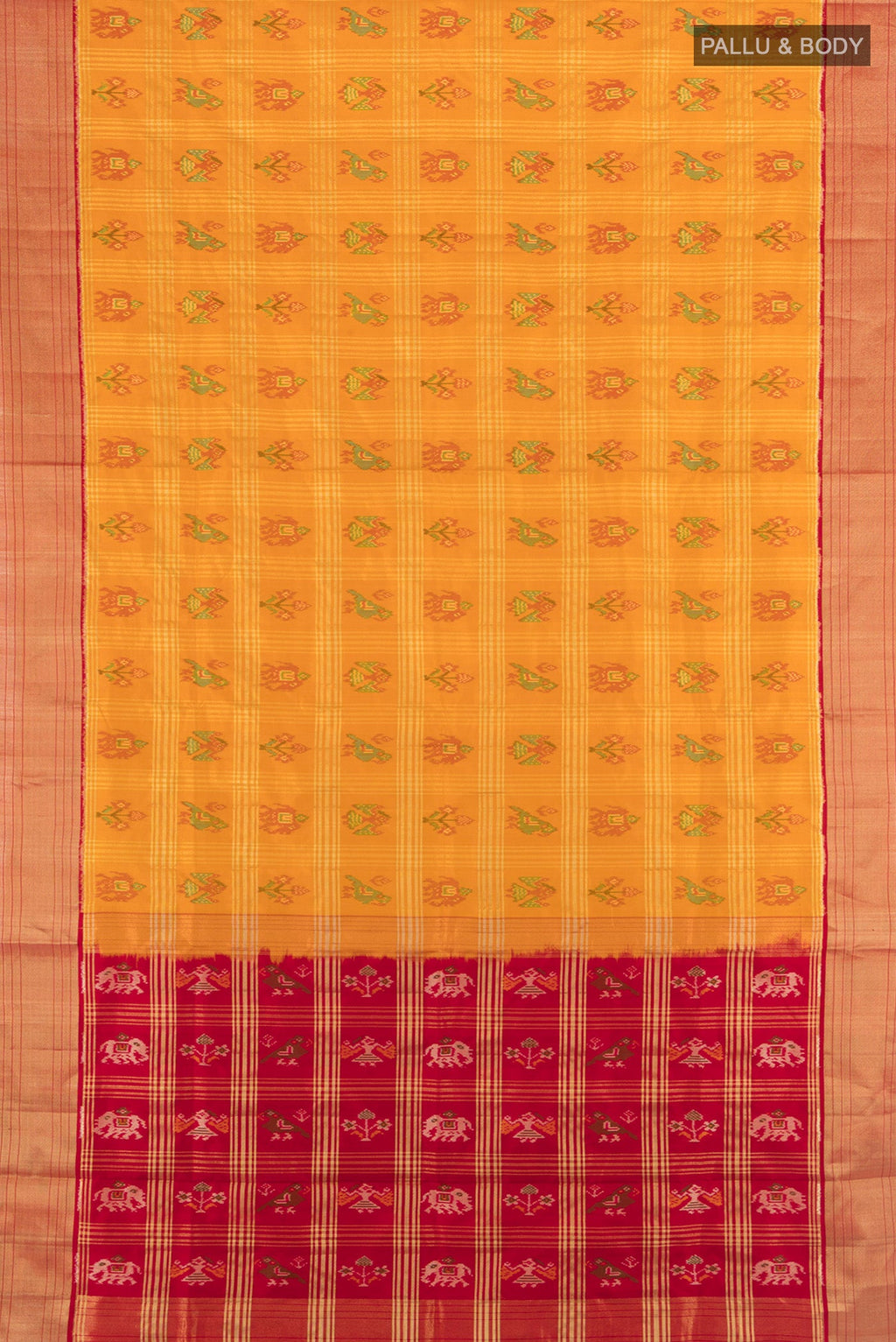 Flat view of Mustard Pochampally Silk Saree with Ikat design on the body and Zari Border. 