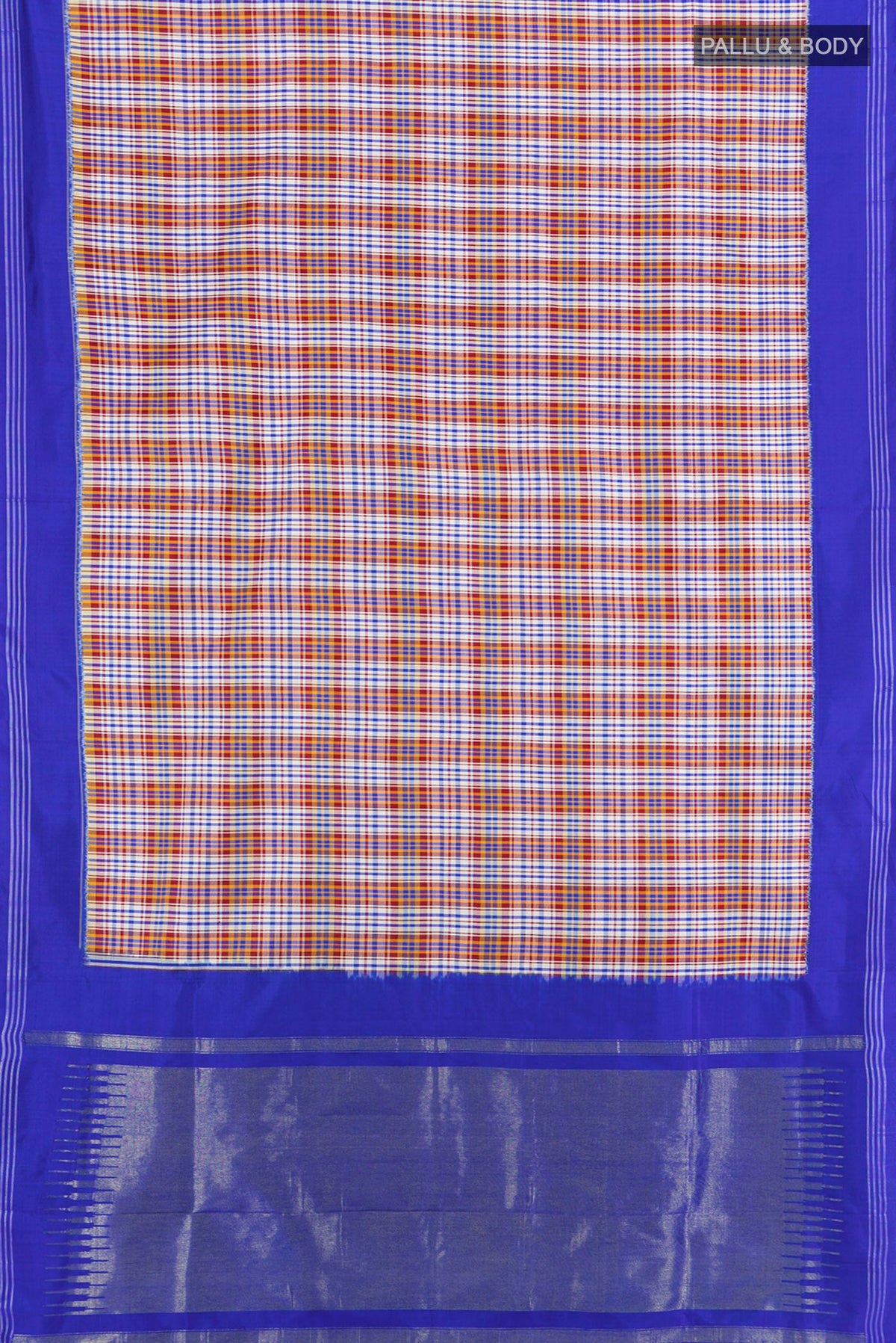 Flat view of Multi Color Pochampally Silk Saree with Checked design on the body and Plain Border. 