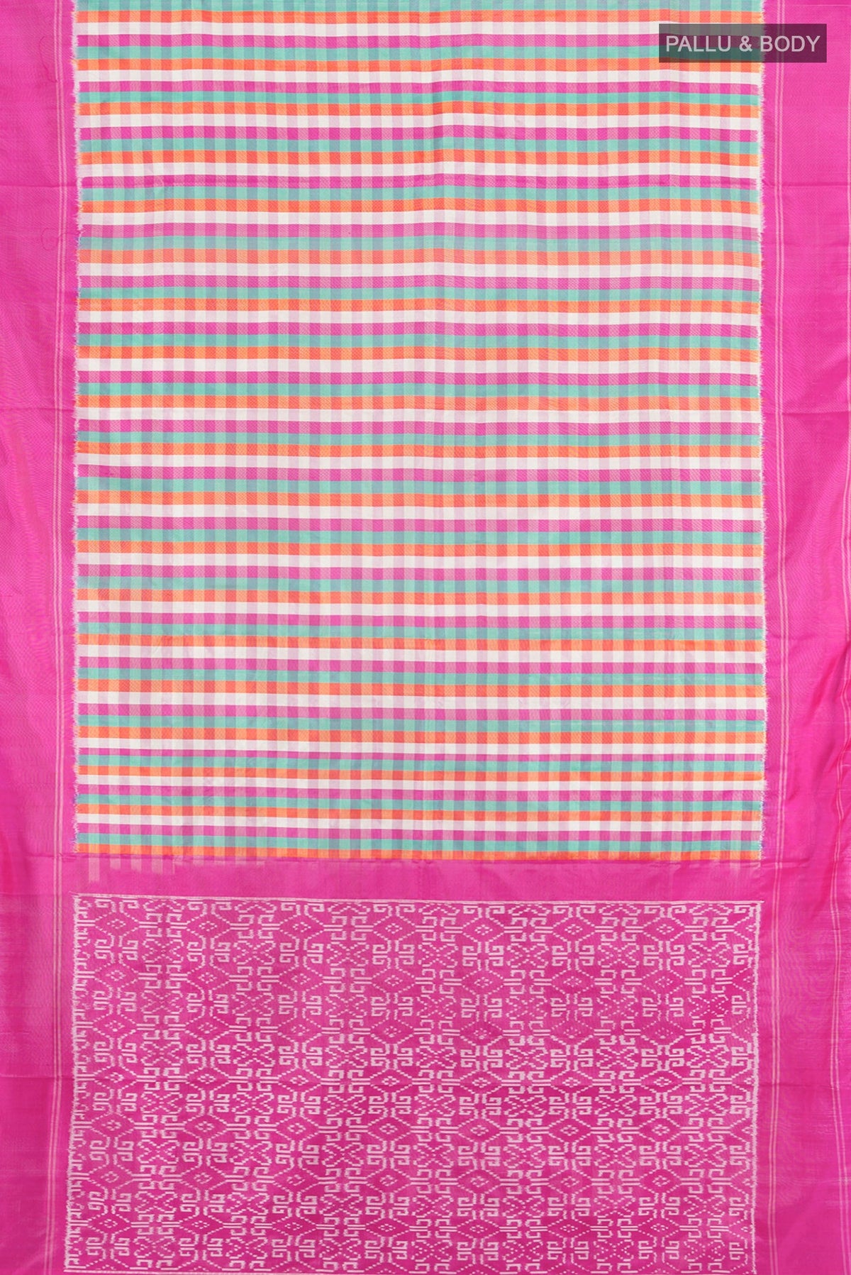 Flat view of Multi Color Pochampally Silk Saree with Checked design on the body and Plain Border. 