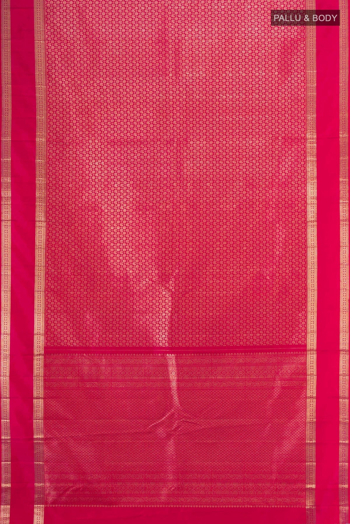 Flat view of Dark Pink Kanchipuram Silk Saree with Zari Brocade on the body and Zari Border. 