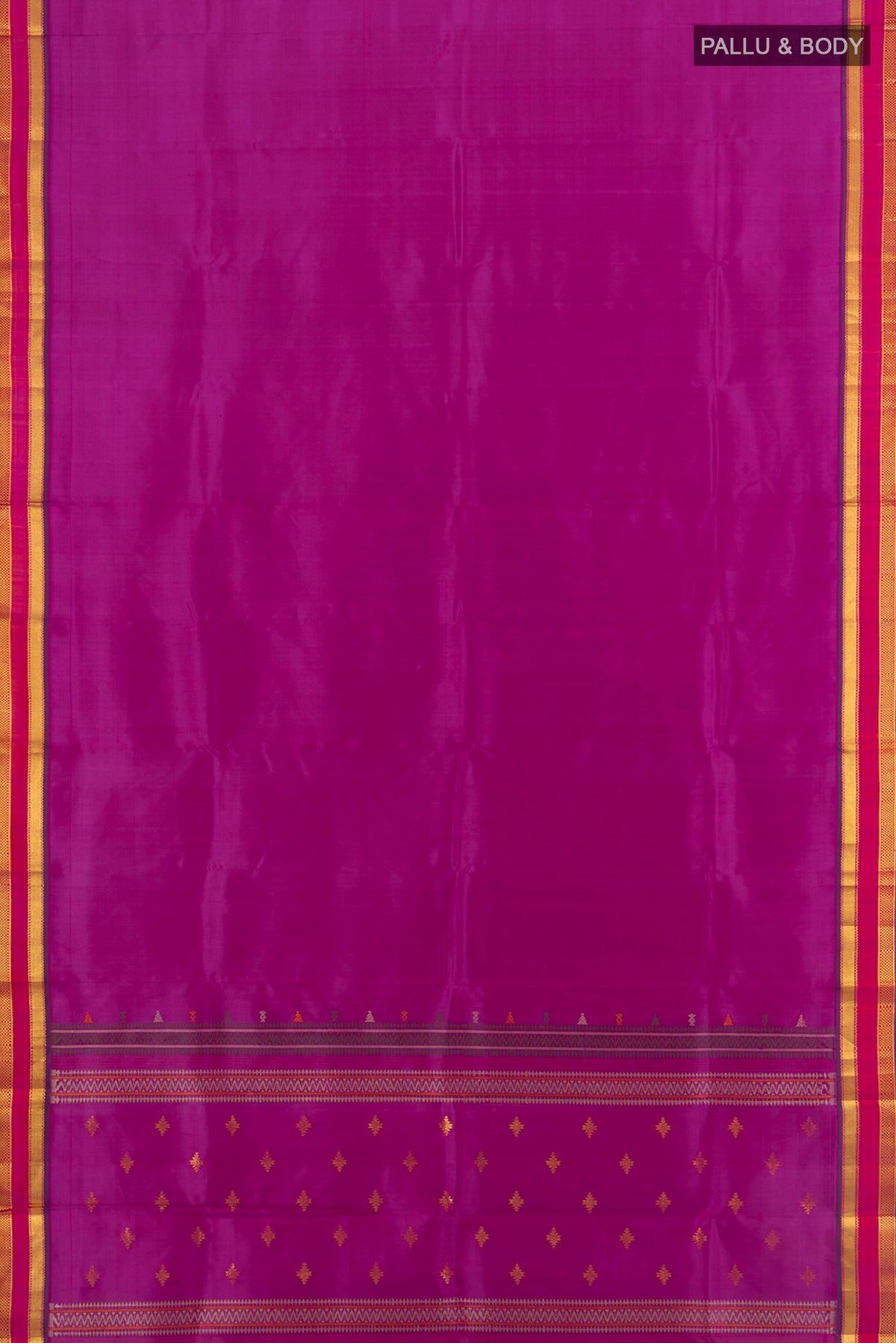 Flat view of Purple Kanchipuram Silk Saree with Plain Body and Zari Border. 