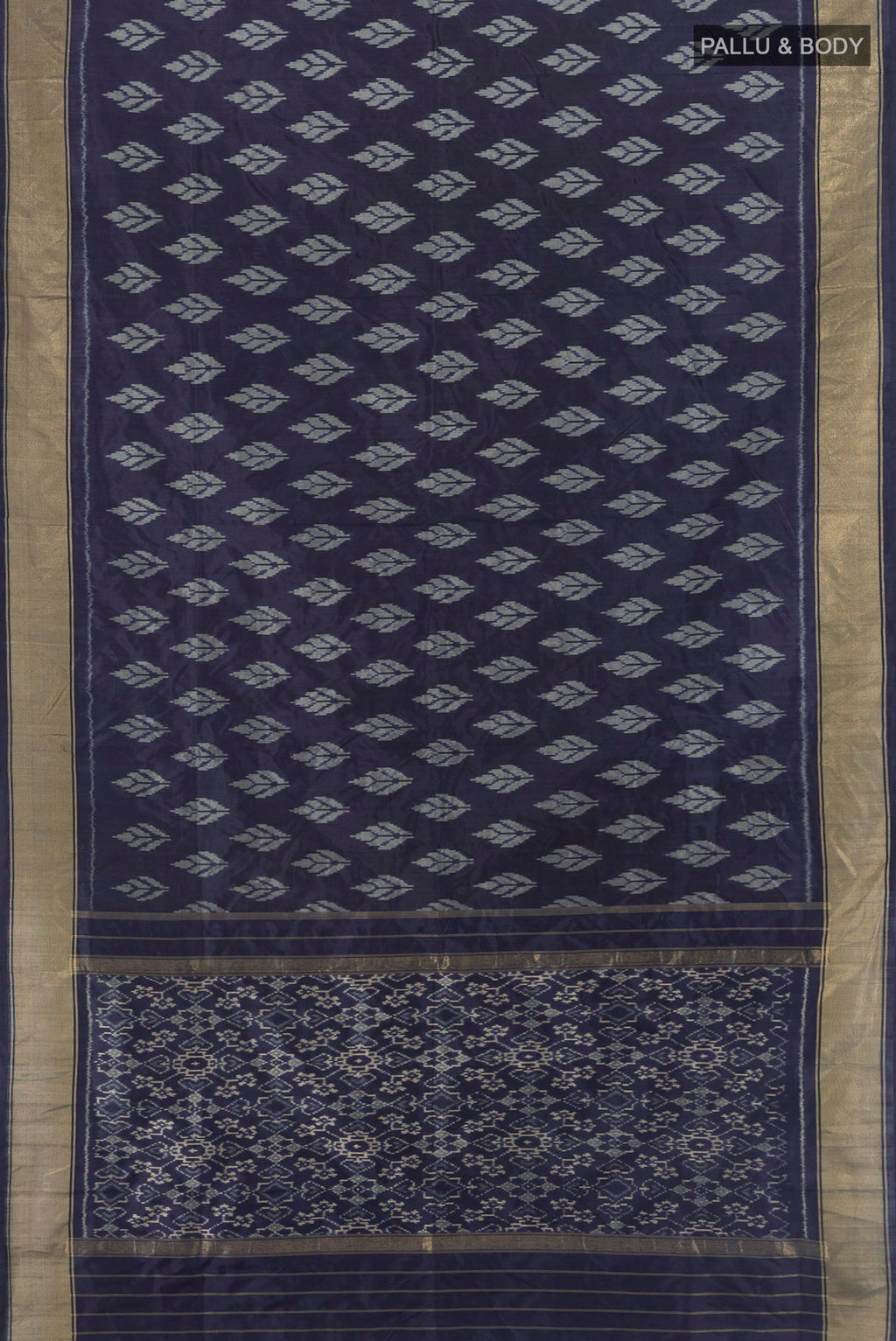 Flat view of Navy Blue Pochampally Silk Saree with Pure Ikat on the body and Zari Border. 