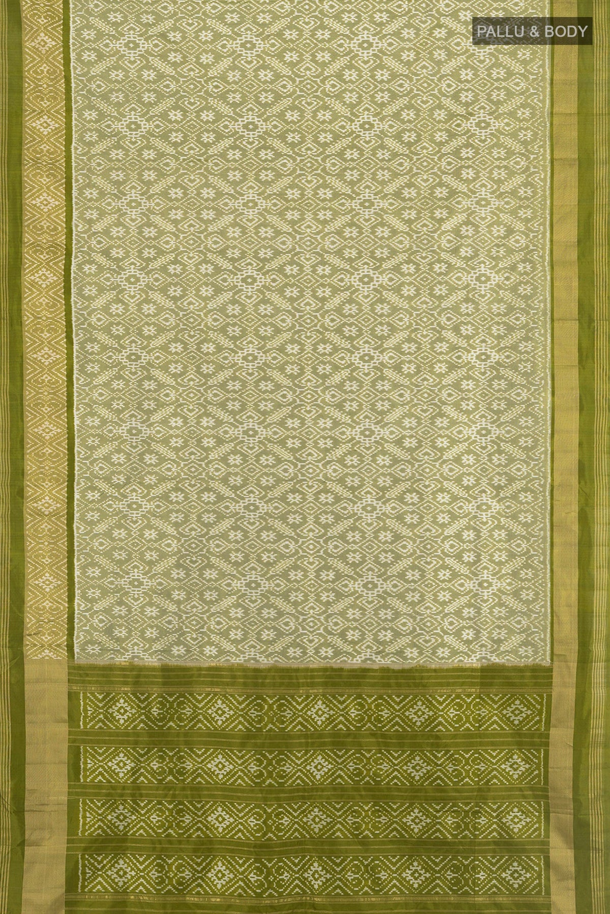Flat view of Light Green Pochampally Silk Saree with Pure Ikat on the body and Zari Border. 