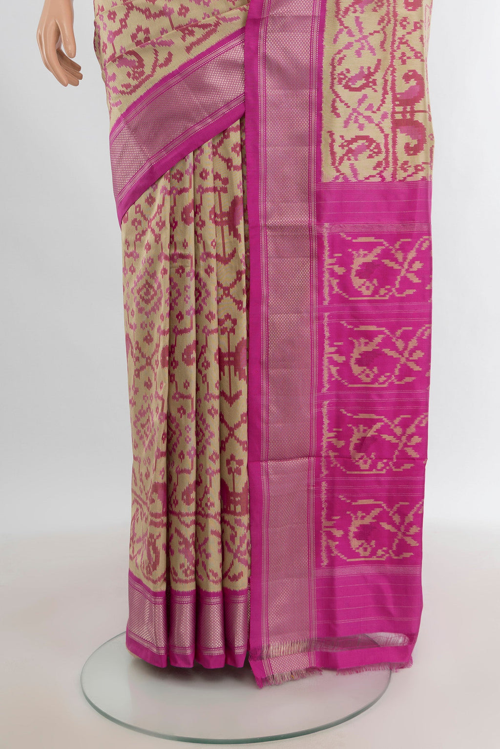 Pleats and pallu of Beige Pochampally Silk Saree with Pure Ikat on the body and Zari Border. 