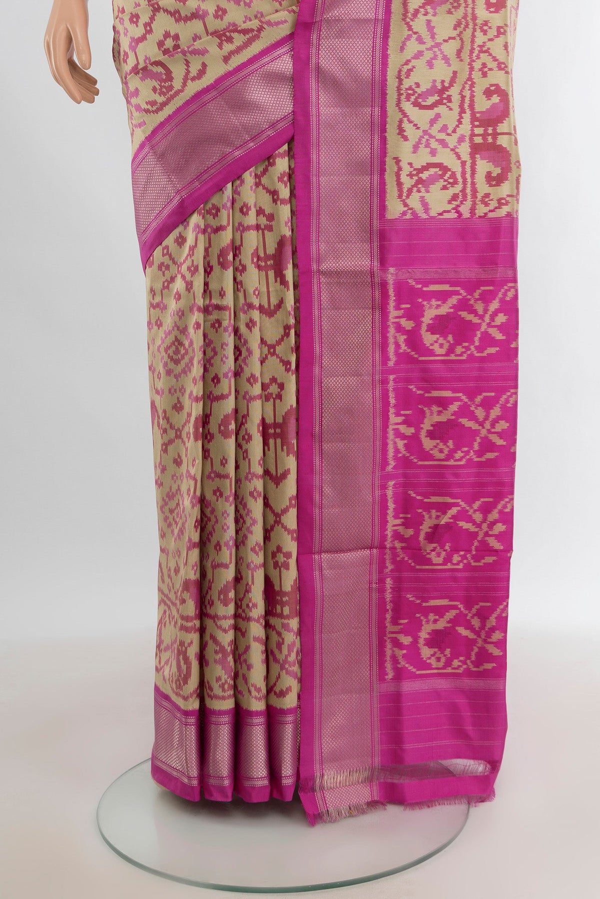 Pleats and pallu of Beige Pochampally Silk Saree with Pure Ikat on the body and Zari Border. 