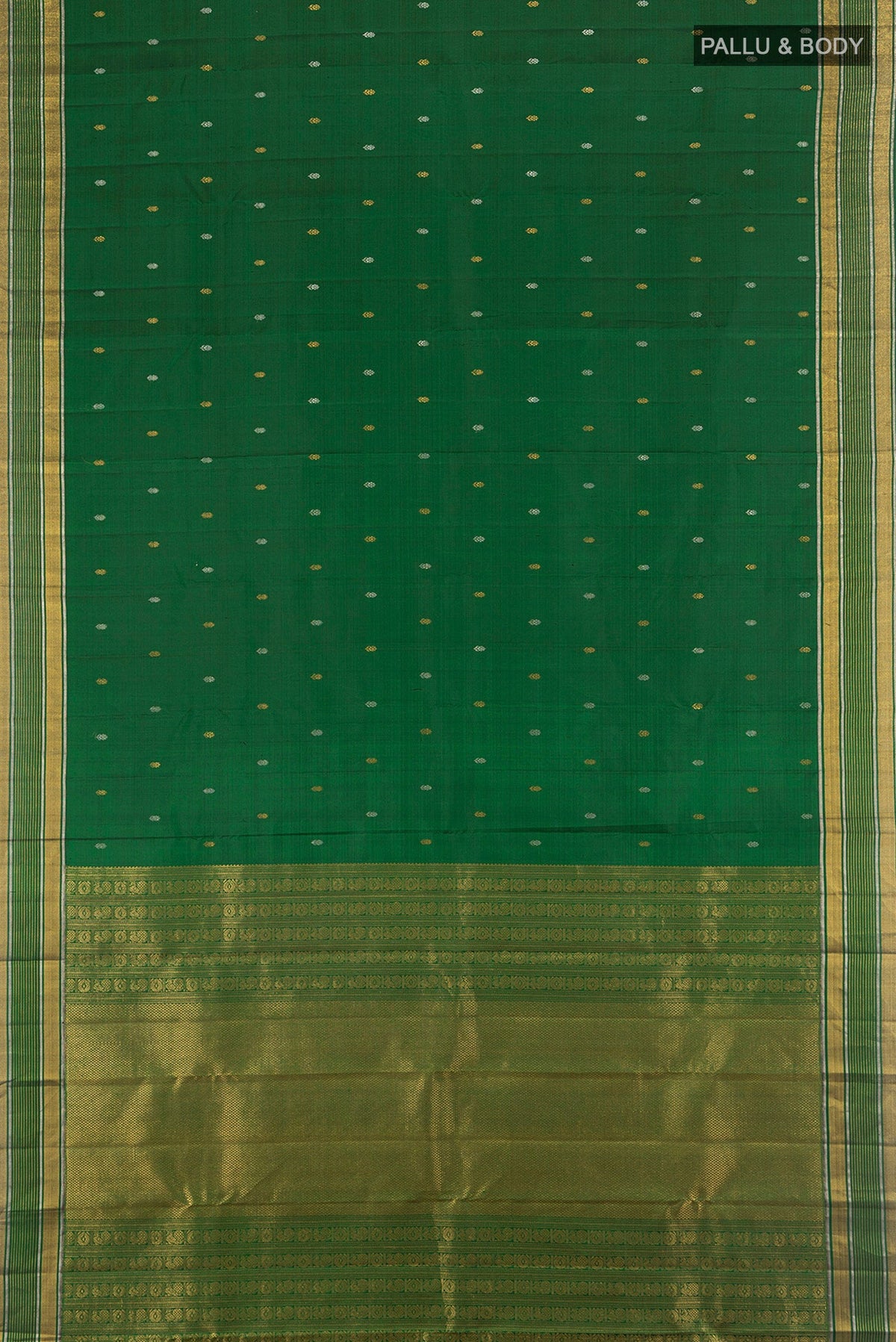 Flat view of Bottle Green Kanjivaram Silk Saree with Zari Butta on the body and Zari Border. 