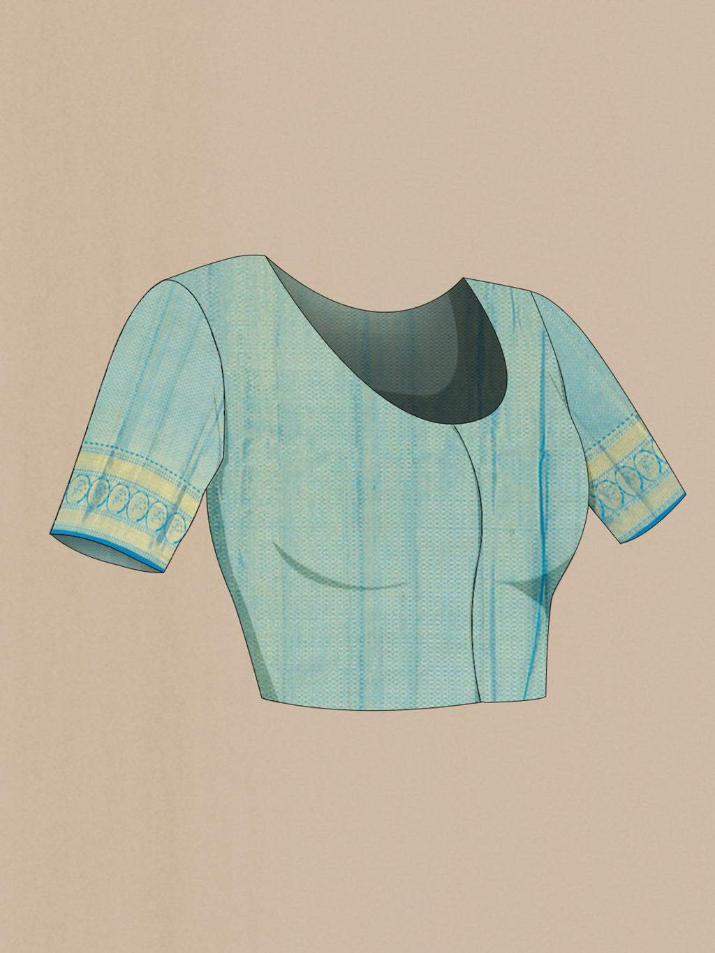 Close up image of the blouse of Light Blue Kanchipuram Silk Saree with Zari Brocade on the body and Zari Border. 