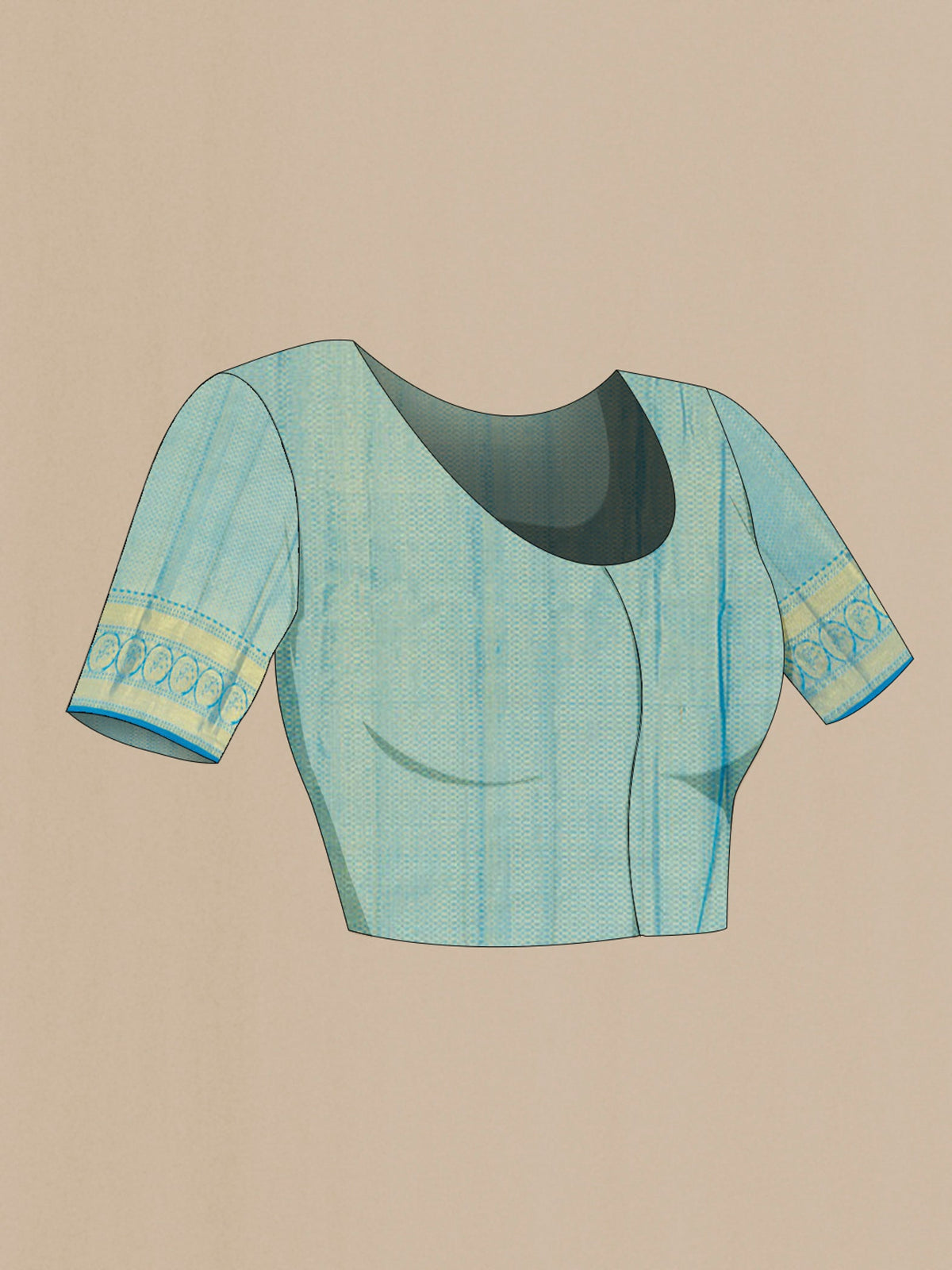 Close up image of the blouse of Light Blue Kanchipuram Silk Saree with Zari Brocade on the body and Zari Border. 