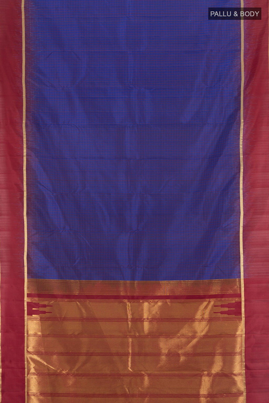 Flat view of Dark Blue Kanchipuram Silk Saree with Stripes on the body and Plain Border. 