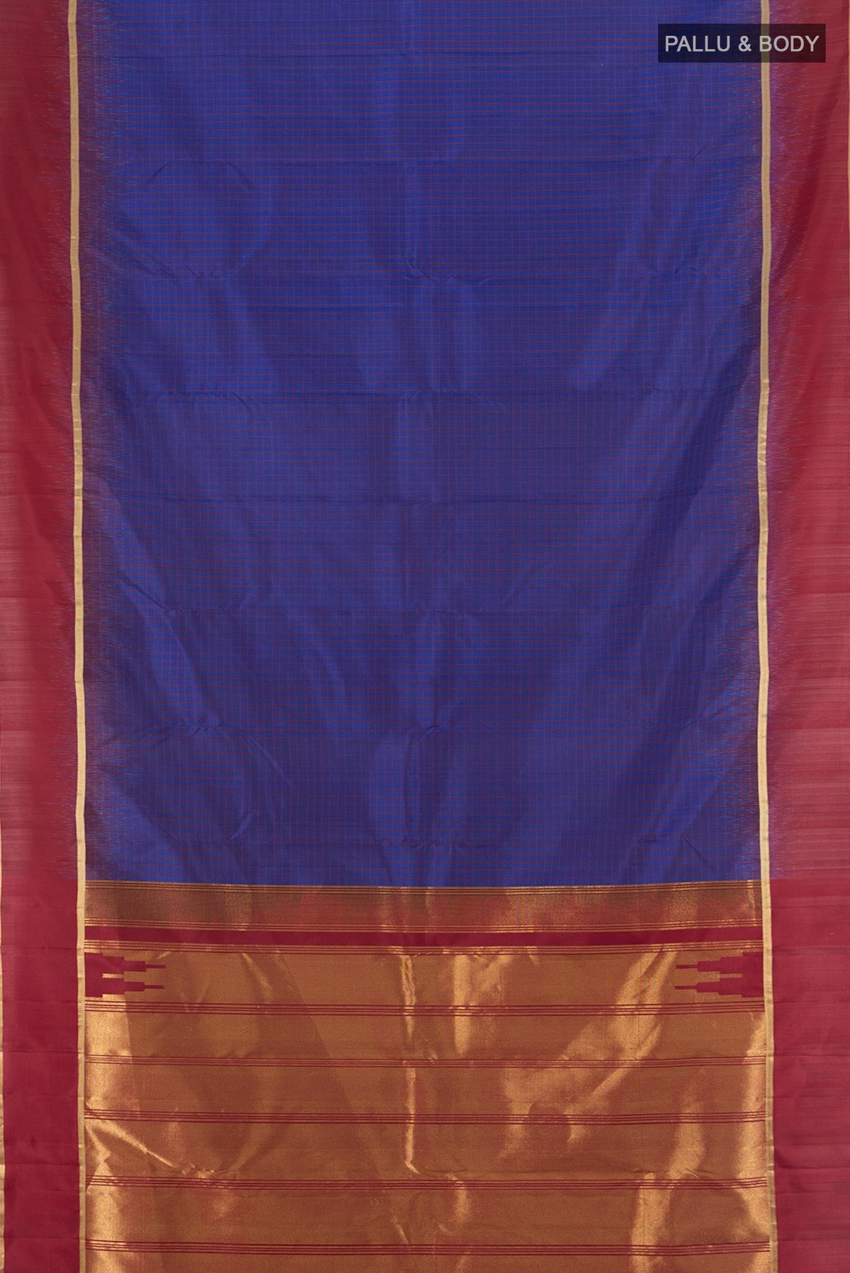 Flat view of Dark Blue Kanchipuram Silk Saree with Stripes on the body and Plain Border. 