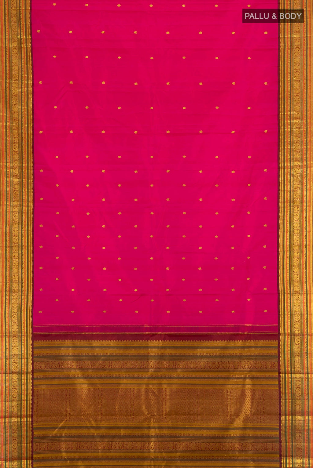 Flat view of Pink Kanjivaram Silk Saree with Zari Butta on the body and Zari Border. 