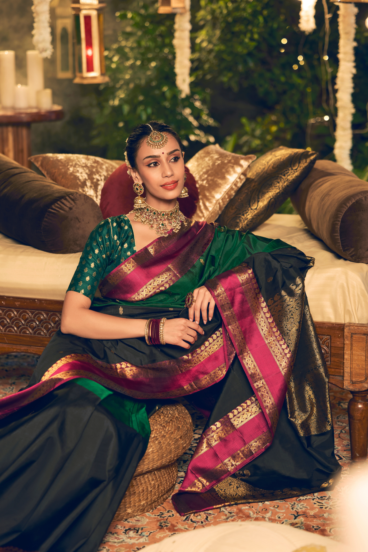 Rudraksha- Black with Green Half and Half Kanchipuram Silk Saree