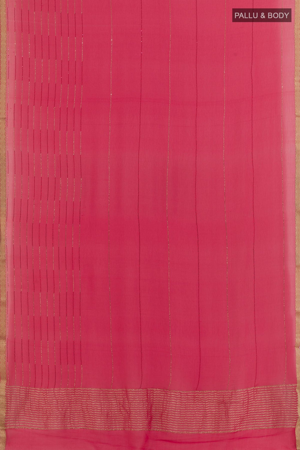 Flat view of Pink Mysore Chiffon Saree with Stripes on the body and Zari Border. 