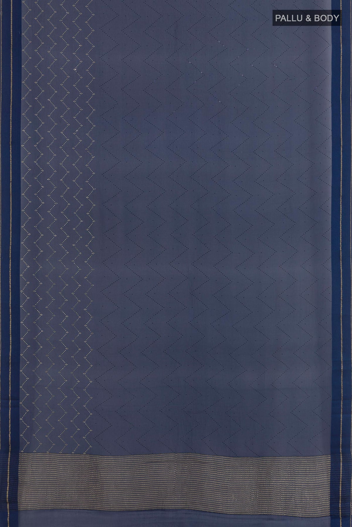 Flat view of Blue Mysore Chiffon Saree with Embroidery on the body and Zari Border. 