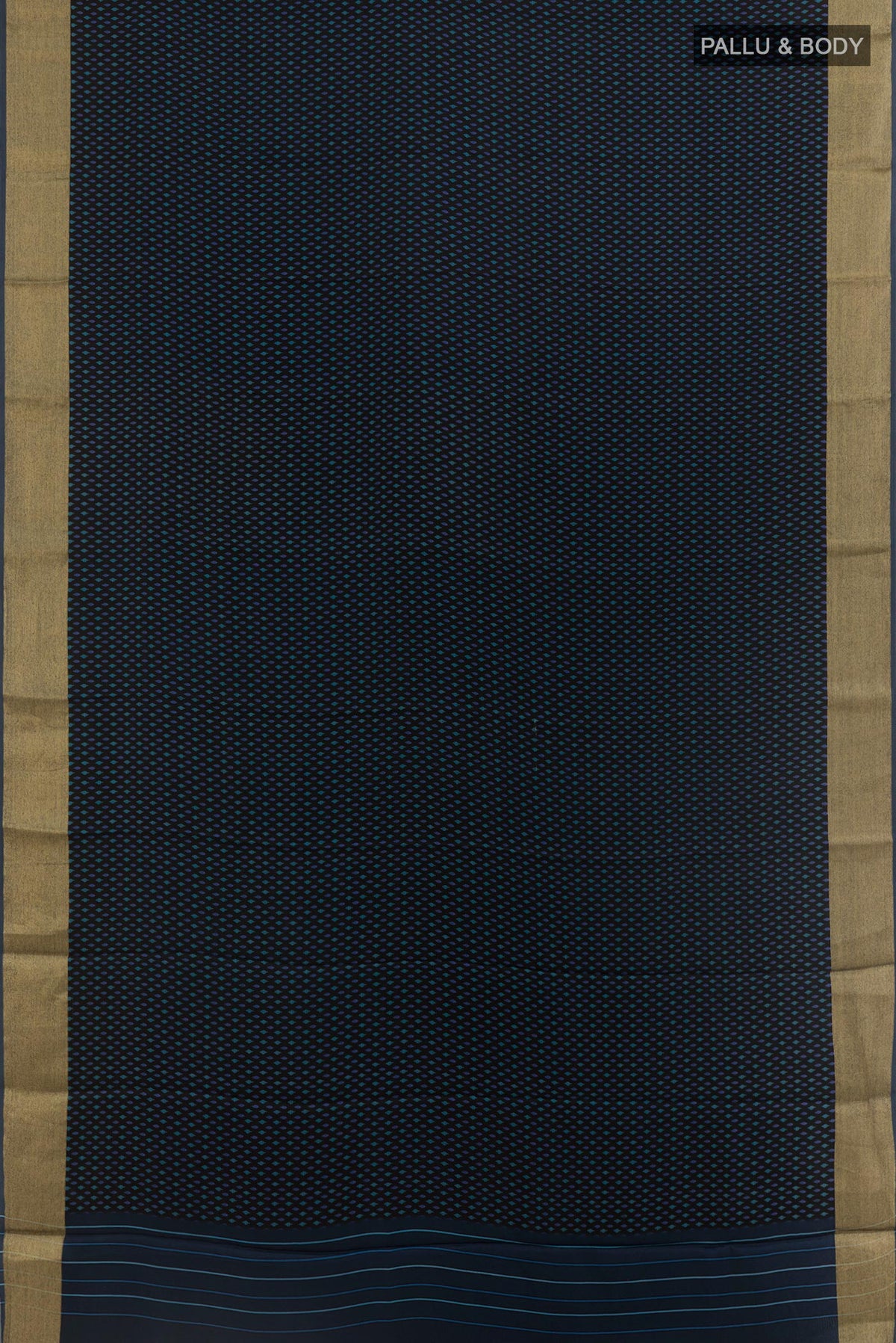 Flat view of Black Satin Silk Saree with Printed design on the body and Zari Border. 