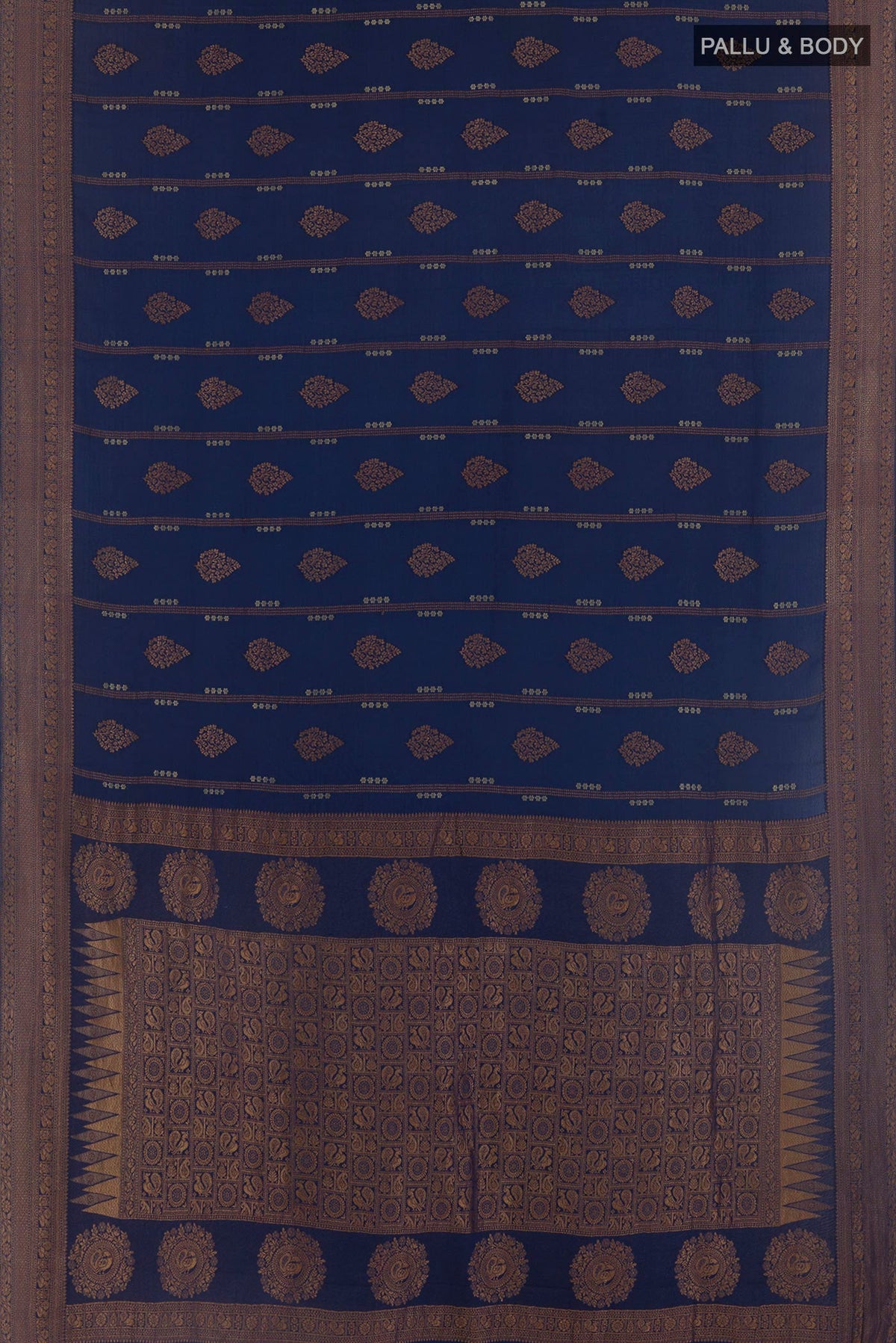 Flat view of Blue Mysore Crepe Saree with Zari Butta on the body and Plain Border. 
