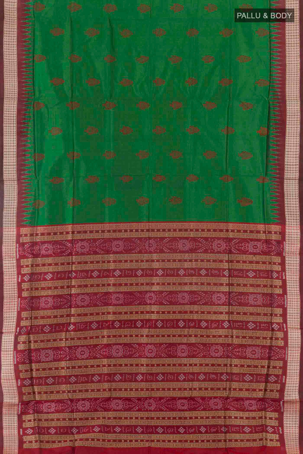 Flat view of Green Orissa Silk Saree with Thread Butta on the body and Zari Border
