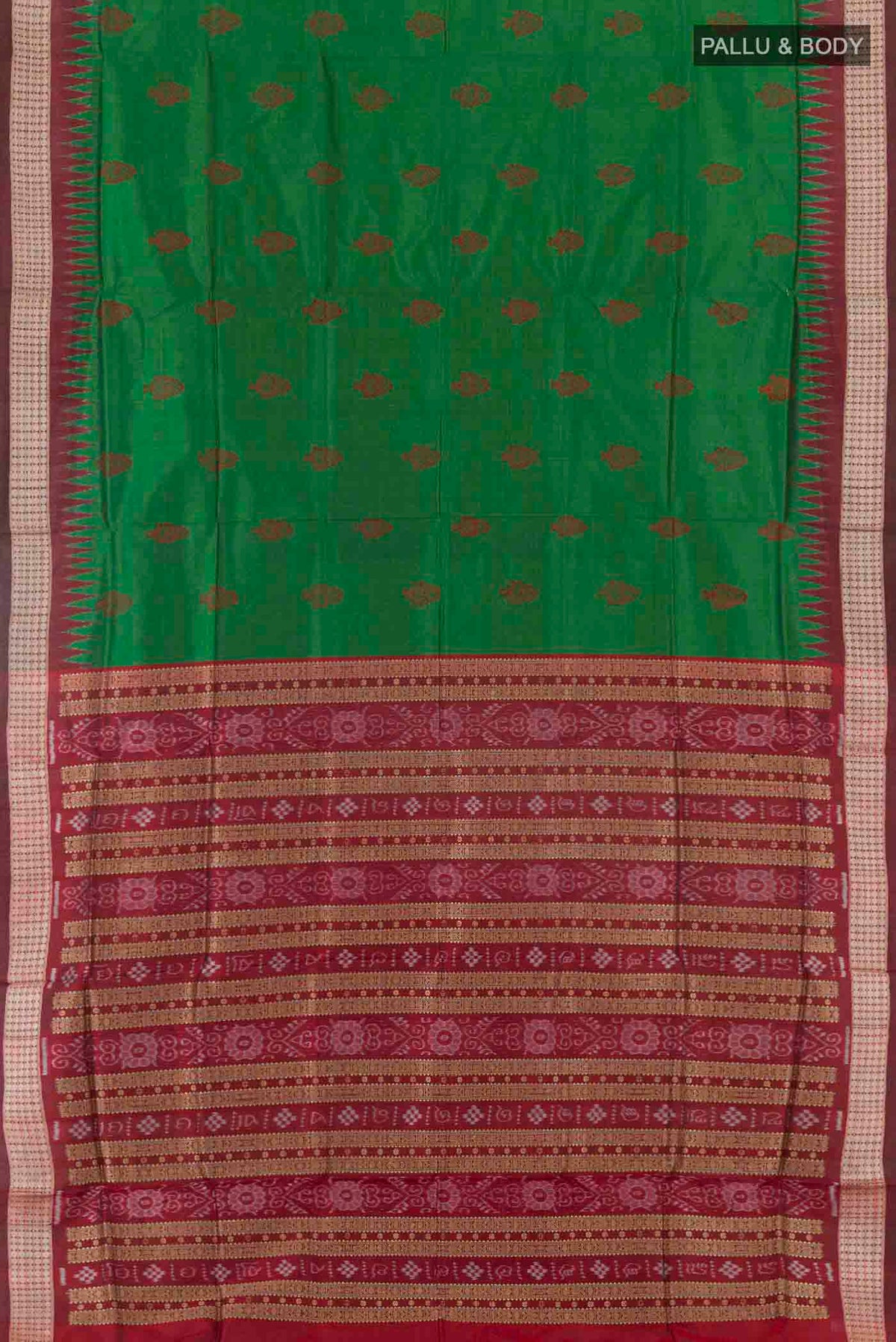 Flat view of Green Orissa Silk Saree with Thread Butta on the body and Zari Border