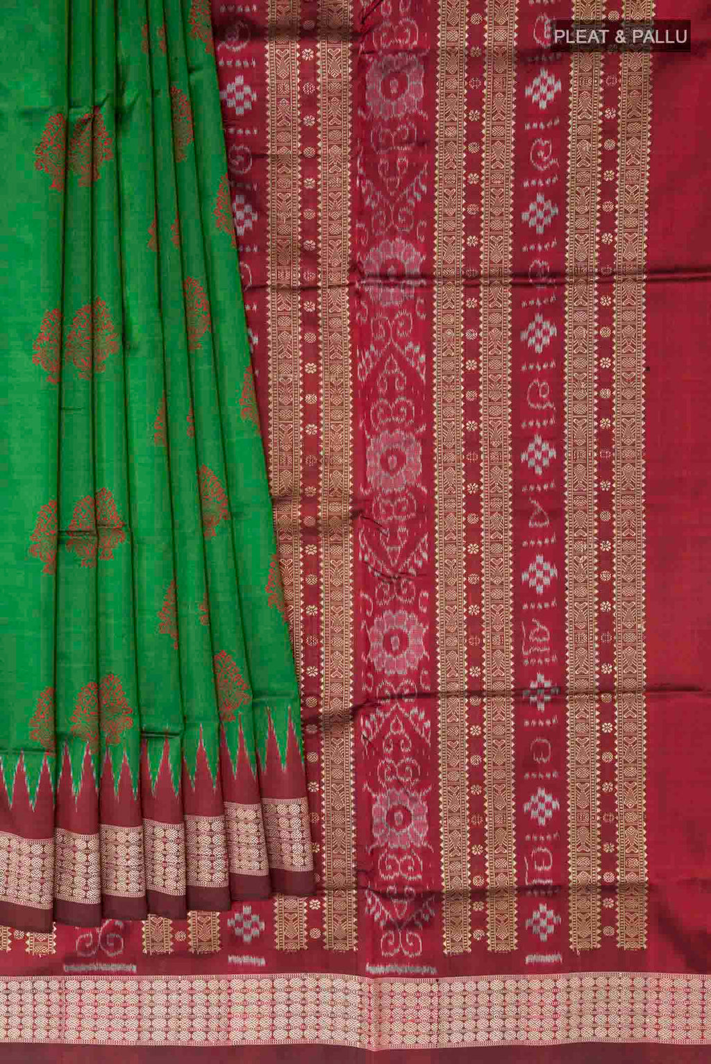 Pleats and pallu of Green Orissa Silk Saree with Thread Butta on the body and Zari Border